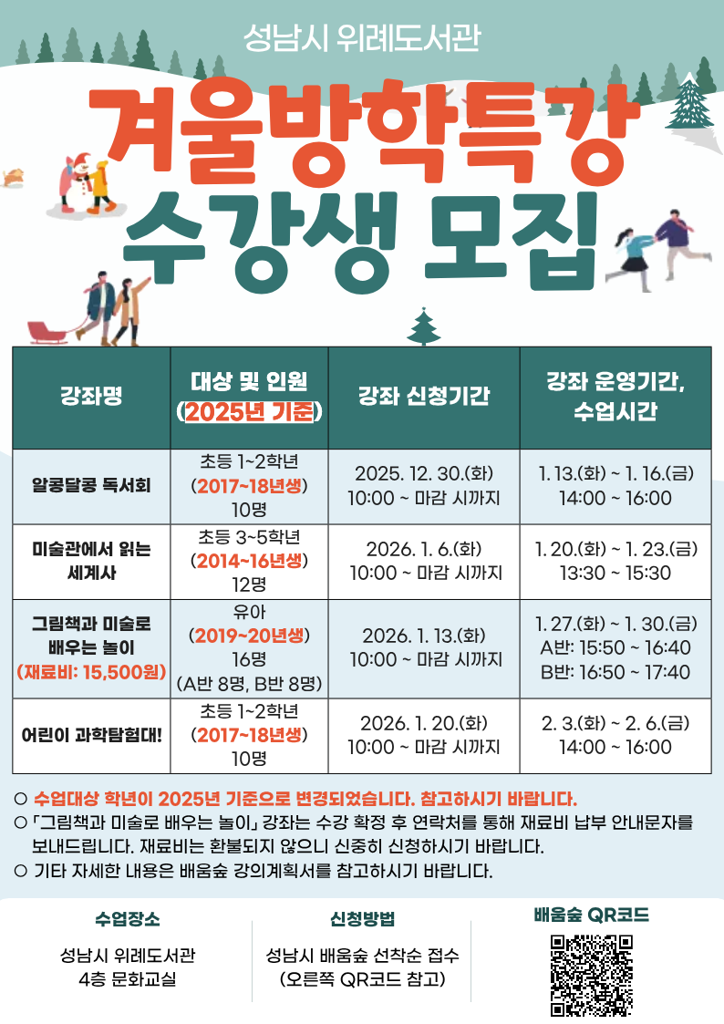   2026년 성남시 위례도서관 겨울방학특강 수강생 모집 안내(수정)   ▷운영 내용 <알콩달콩 독서회>  강좌 링크 대상 및 인원: 초등 1~2학년(2017~2018년생), 10명 강좌 신청기간: 2025. 12. 30.(화) 10:00 ~ 마감 시까지 강좌 운영기간 및 수업시간: 2026. 1. 13.(화) ~ 1. 16.(금), 14:00 ~ 16:00   <미술관에서 읽는 세계사>  강좌 링크 대상 및 인원: 초등 3~5학년(2014~2016년생), 12명 강좌 신청기간: 2026. 1. 6.(화) 10:00 ~ 마감 시까지 강좌 운영기간 및 수업시간: 2026. 1. 20.(화) ~ 1. 23.(금), 13:30 ~ 15:30  <그림책과 미술로 배우는 놀이>  강좌 링크:  A반,  B반  대상 및 인원: 유아(2019~2020년생), 16명(A반 8명, B반 8명) 강좌 신청기간: 2026. 1. 13.(화) 10:00 ~ 마감 시까지 강좌 운영기간 및 수업시간: 2026. 1. 27.(화) ~ 1. 30.(금), A반: 15:50 ~ 16:40, B반: 16:50 ~ 17:40 재료비: 15,500원 ※수강 확정 후 연락처를 통해 재료비 납부 안내문자를 보내드립니다. 재료비는 환불되지 않으니 신중히 신청하시기 바랍니다.  <어린이 과학탐험대!>  강좌 링크 대상 및 인원: 초등 1~2학년(2017~2018년생), 10명 강좌 신청기간: 2026. 1. 20.(화) 10:00 ~ 마감 시까지 강좌 운영기간 및 수업시간: 2026. 2. 3.(화) ~ 2. 6.(금), 14:00 ~ 16:00  ▷ 수업장소: 위례도서관 4층 문화교실  ▷ 접수방법 : 성남시 평생학습 포털 ‘배움숲‘ 선착순 접수 (배움숲 바로가기)  ※ 배움숲 회원가입 후 수강하는 어린이의 ID로 수강신청▷ 문의: 위례도서관팀 031-729-8953  [접수 시 유의사항] ▷ 수업대상 학년이 2025년 기준으로 변경되었습니다. 신청 시 착오 없으시기 바랍니다. ▷ 강좌에 따라 접수기간에 차이가 있습니다. 꼭 확인 후 신청해주세요.  ▷ 배움숲 홈페이지에 회원가입이 되어 있어야 합니다. ▷ 반드시 수강할 어린이 ID로 신청하여 주시기 바랍니다. ▷ 강좌별 자세한 내용은 첨부파일 또는 배움숲 강의계획서를 참고하시기 바랍니다. ▷ 상기 일정 및 내용은 사정에 따라 변경될 수 있습니다.