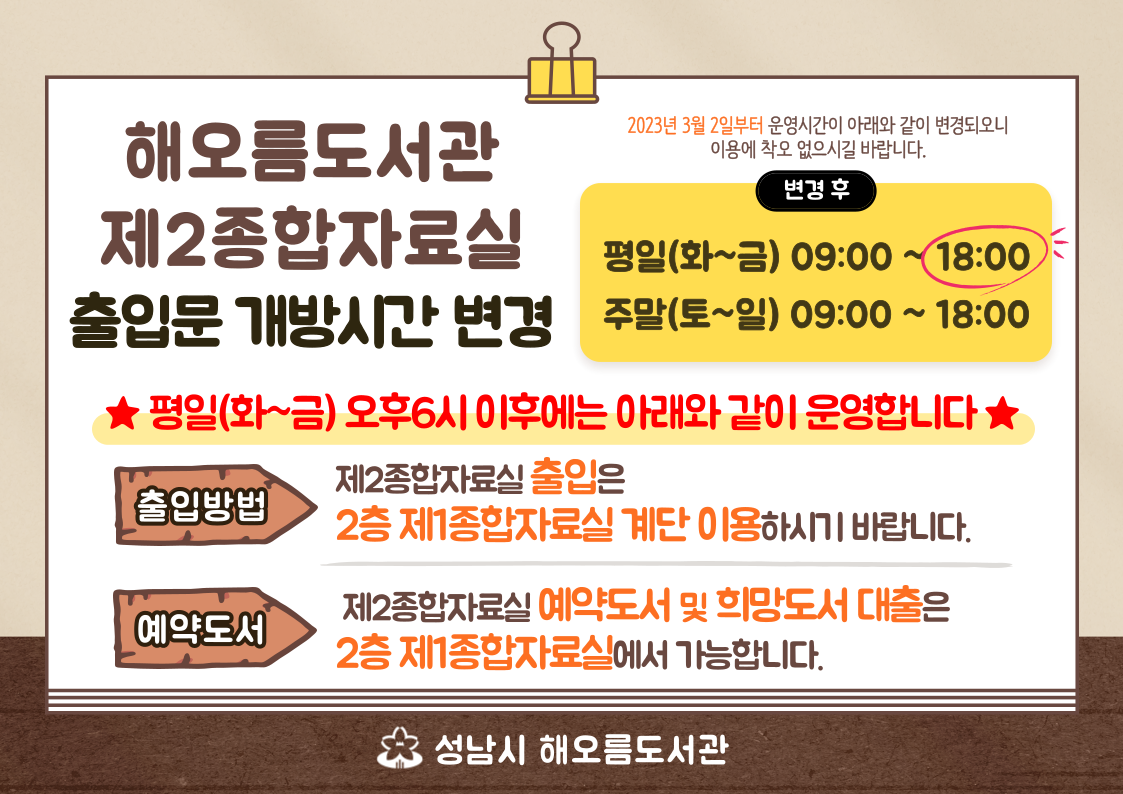 해오름도서관 제2종합자료실(3층) 출입문 개방시간 변경 안내
평일(화~금) 09:00 ~ 18:00
주말(토~일) 09:00 ~ 18:00

평일(화~금) 오후6시 이후에는 아래와 같이 운영합니다.
제2종합자료실 출입은 2층 제1종합자료실 계단 이용하시기 바랍니다.
제2종합자료실 예약도서 및 희망도서 대출은 2층 제1종합자료실에서 가능합니다.

2023년 3월 2일(목)부터 변경되오니 이용에 착오 없으시길 바랍니다. 감사합니다.