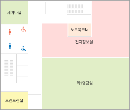 3층 단면도 : 제1열람실, 전자정보실, 세미나실2, 도란도란실, 남/여 화장실 등이 있다. 전자정보실 안에는 노트북코너가 있다.